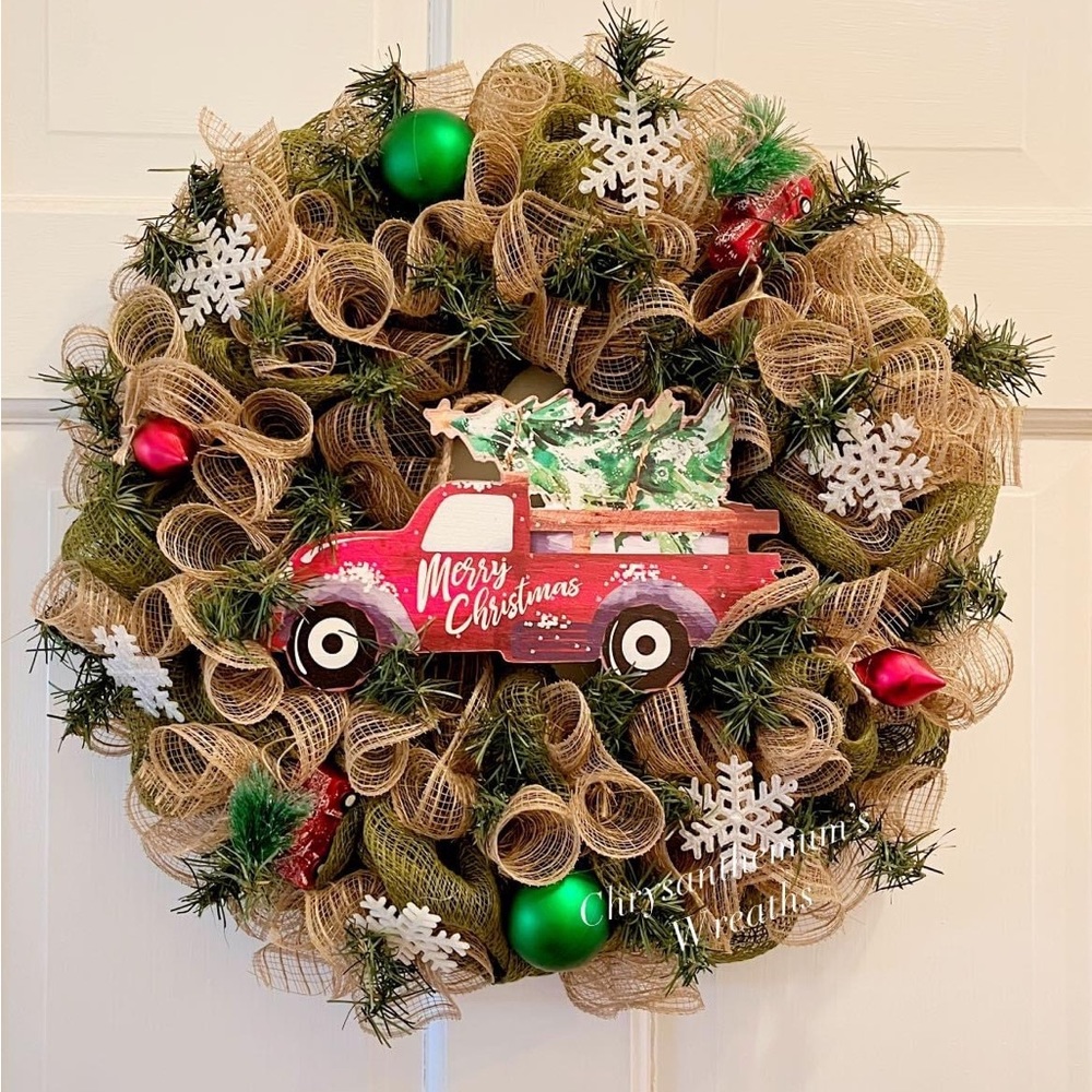 SOLD! NWOT burlap,greens with wood red truck sign.